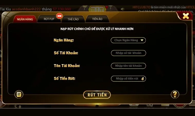 Giao diện rút tiền HitClub